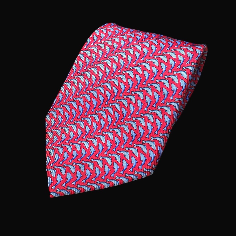 Peterborough Row Bloomingdales Mens Silk Tie Red Blue Dolphin Animal Handmade